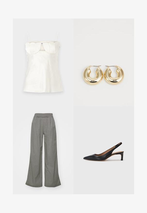 Biely saténový top s nastaviteľnými ramienkami, štruktúrovaným, zošitým dekoltom a rovnomerným lemom. Hladká textúra a minimalistický dizajn.; Mads Nørgaard COLIN SONIE PANTS - Nohavice - black; Čierne kožené slingback lodičky s špicatou špičkou, nízkym opätkom a hladkým povrchom. Obsahujú tenký nastaviteľný remienok pre bezpečné upevnenie.; Zlaté kruhové náušnice s hladkým, zaobleným dizajnom a lesklým povrchom, s klipom pre zabezpečenie. Vypálené s nápisom "DKNY."
