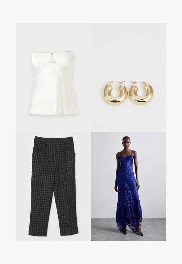 Witte satijnen camisole met verstelbare bandjes, een gestructureerde, gegolfde buste en een rechte zoom. Gladde textuur en minimalistisch ontwerp.; Zwarte stoffen broek met een houndstooth-patroon, rechte pijpen, elastische tailleband en twee zijzakken.; Blauwe en paarse dierenprint maxi jurk met dunne bandjes, een getailleerd bovenlijf, uitlopende zoom en een doorschijnende overlaydetail.; Gouden oorringen met een gladde, ronde vorm en een glanzende afwerking, voorzien van een sluiting voor bevestiging. Gegraveerd met "DKNY."