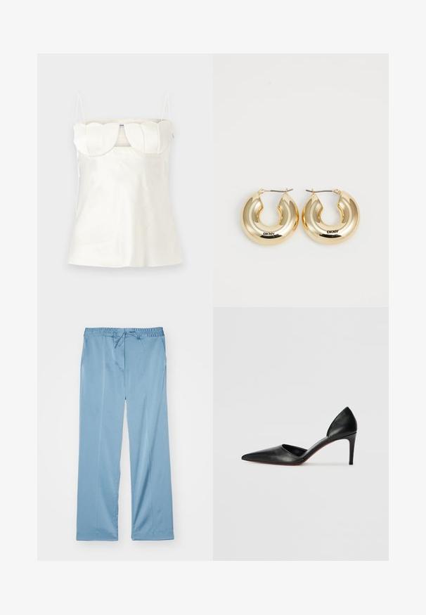 Balts satīna topiņš ar regulējamiem siksniņām, strukturētu, viļņotu krūšu daļu un taisnu apakšmalu. Gluda tekstūra un minimālisma dizains.; Gaiši zili, plaši bikses, izgatavotas no mīksta auduma. Tām ir elastīga jostasvieta ar regulējamu šņorīti un sānu kabatām.; Melni ādas augstpapēžu apavi ar smailu purngalu, atvērtām malām un elegantu siluetu. Iespējams, ir plāna papēža un sarkana zole.; Zelta pīrsinga auskari ar gludu, noapaļu dizainu un spīdīgu apdari, ar aizdari drošai piestiprināšanai. Iegravēti ar "DKNY."