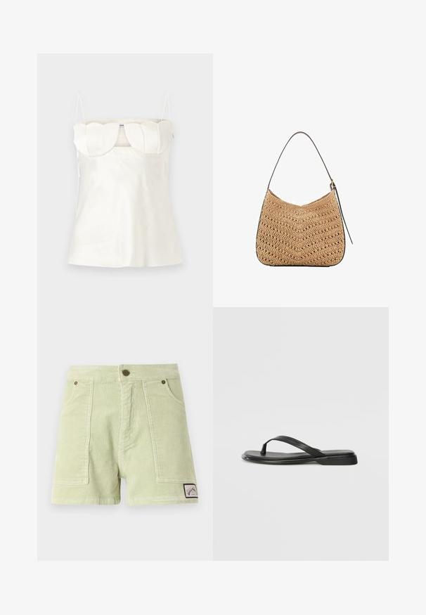 Biely saténový top s nastaviteľnými ramienkami, štruktúrovaným, zošitým dekoltom a rovnomerným lemom. Hladká textúra a minimalistický dizajn.; Svetlozelené kordové šortky s ryhovanou textúrou, dvoma prednými vreckami, zadným štítkom a kovovými gombíkmi.; Čierne šľapky vyrobené z hladkej kože, s tenkým pásikom a plochou podrážkou s minimalistickým profilom. Bez výrazných vzorov alebo akcentov.; Tkaná slamenná ramenná taška s zakriveným tvarom, vybavená tmavou koženou rukoväťou a textúrovaným povrchom s vzorom v tvare chevron.; Náušnice v zlatej farbe majú nepravidelné textúrované tvary, zdobené zelenými drahokamami a bielymi perlami, zabezpečené klipsovými uzávermi.