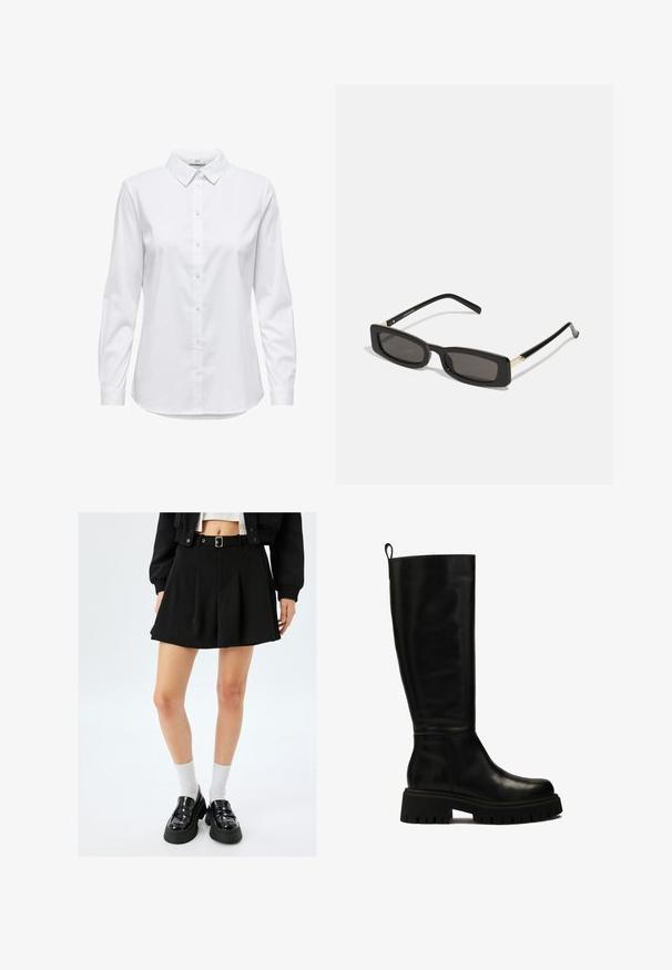 Hvid skjorte med knaplukning, lange ærmer, struktureret krave og rundet kant. Fremstillet af et glat, ensfarvet stof uden synlige mønstre eller detaljer.; Sort plisseret miniskørt med bælte, lavet af glat stof. Kombineret med patentlæder loafers og hvide ankelsokker.; Sorte læderstøvler til knæene med et strømlinet design, rund tå og kraftig gummisål med dybe riller og et greb på toppen.; Sorte rektangulære solbriller med mørke linser, glansfulde plastikstel og guld accenter på stængerne. Minimalistisk design og slank form.