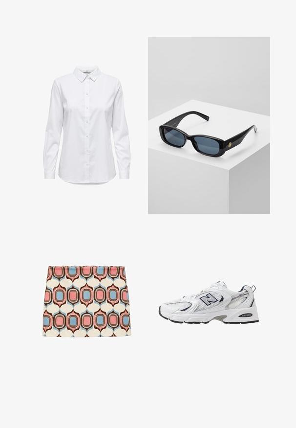 Witte overhemd met lange mouwen, gestructureerde kraag en afgeronde zoom. Gemaakt van een gladde, effen stof zonder zichtbare patronen of accenten.; Patroon mini rok in crème, met geometrische vormen in roze, blauw en bruin. Gladde stof met een aansluitend ontwerp en rechte zoom.; Witte sport schoen met mesh bovenkant, marineblauwe accenten en een gehoorzaamde zool. Bevat het "N" logo, veters en een gestructureerde detail aan de zijkant.; Zwarte rechthoekige zonnebril met getinte blauwe lenzen, dikke monturen en een gouden circulaire accent aan de zijkant. Slanke, glanzende afwerking.; Bruine leren schoudertas met een gebogen vorm, gouden hardware, bovenklepdetail en een logoaccent. Gladde textuur met gestikte randen.