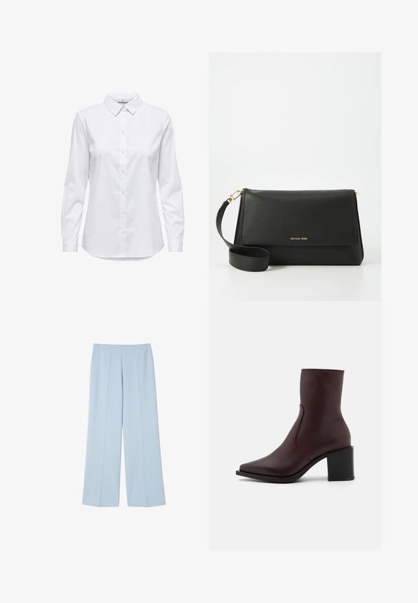 White button-up shirt with long sleeves, structured collar, and rounded hem. Made from a smooth, solid fabric with no visible patterns or accents.; Light blue wide-leg trousers made of smooth fabric; features a flat front with pleats for structure and no visible fastenings.; Zign LEATHER - Classic ankle boots - bordeaux; Black leather handbag with a fold-over flap, gold hardware, and a detachable strap. Smooth texture and minimalistic design.
