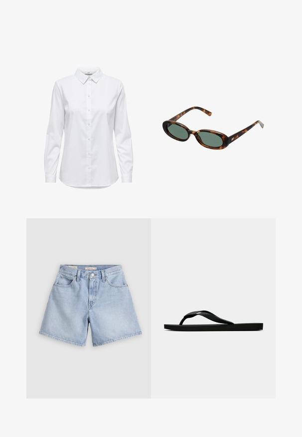Camicia bianca con bottoni, maniche lunghe, colletto strutturato e orlo arrotondato. Realizzata in un tessuto liscio e uniforme, senza motivi visibili o dettagli.; Shorts in denim azzurro chiaro. Vita alta con quattro tasche, chiusura frontale con bottoni e orli grezzi. Il tessuto appare morbido con una finitura scolorita.; Infradito in gomma nera con cinturino testurizzato e suola piatta semplice, mostrati di lato su uno sfondo chiaro e uniforme.; Occhiali da sole tartarugati con montatura ovale e lenti verdi. Presentano aste sottili con un accento metallico vicino alle cerniere.; Borsa a forma di cuore in materiale blu chiaro goffrato, con rifiniture nere e una piastrina con logo in tonalità oro. Includa una tracolla rimovibile.