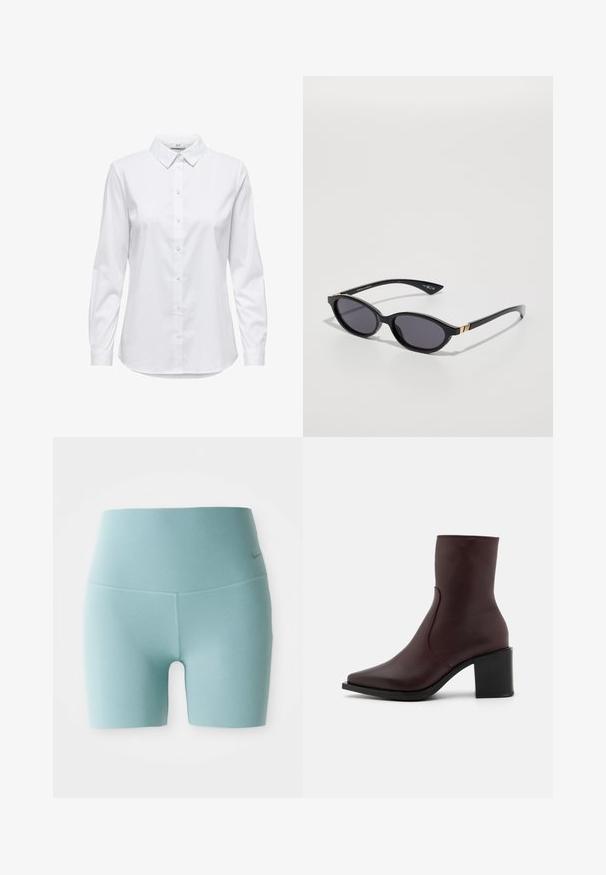 Biała koszula zapinana na guziki z długimi rękawami, z wyraźnym kołnierzykiem i zaokrąglonym dołem. Wykonana z gładkiego, jednolitego materiału bez widocznych wzorów ani akcentów.; Jasnoniebieskie wysokie, dopasowane szorty sportowe z małym, subtelny logo na prawym biodrze, na białym tle.; Zign 5171 bordowy; Czarne okulary przeciwsłoneczne z owalnymi soczewkami, ciemnym gradientowym przyciemnieniem i cienkimi ramionami z subtelnymi złotymi akcentami. Gładkie, plastikowe wykończenie.; Tommy Hilfiger - Torba na ramię; Burgundowa skórzana portmonetka z zagiętym wykończeniem, złotym logo oraz gładką fakturą. Kompaktowa i prostokątna.