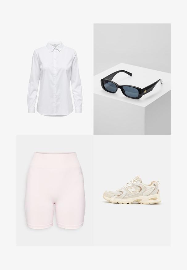 Valkoinen nappikauluspaidat, joissa on pitkät hihat, rakenteellinen kaulus ja pyöristetty helma. Valmistettu sileästä, yksivärisestä kankaasta, jossa ei ole näkyviä kuvioita tai koristeita.; Vaaleanpunaiset tyköistuvat shortsit, joissa on ribbireunus. Valmistettu sileästä kankaasta, jossa on hienovarainen brändäys sivussa. Joustavat ja helppoja käyttää.; Beige urheilukengät, joissa on verkko- ja synteettiset päällysteet, kuvioitu pinta, pehmustettu varren alaosa ja "ABZORB"-pehmuste kantapäässä.; Mustat suorakulmaiset aurinkolasit, joissa on siniset tummennetut linssit, paksut kehykset ja kultainen pyöreä yksityiskohta sivussa. Rinnakkaisrajoitettu, kiiltävä pintakäsittely.