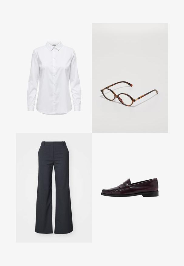 White button-up shirt with long sleeves, structured collar, and rounded hem. Made from a smooth, solid fabric with no visible patterns or accents.; Weekday EMILY SUITING - Trousers - dark grey melange; Men’s dark brown leather penny loafer with black sole and stitching detail along the toe, shown in side profile.; Tortoiseshell eyeglasses with oval frames, clear lenses, and gold accents. Features curved temples and a smooth, glossy finish.; Brown leather handbag with two long handles, a structured rectangular shape, smooth texture, and rounded edges. Features accent details at the handles.