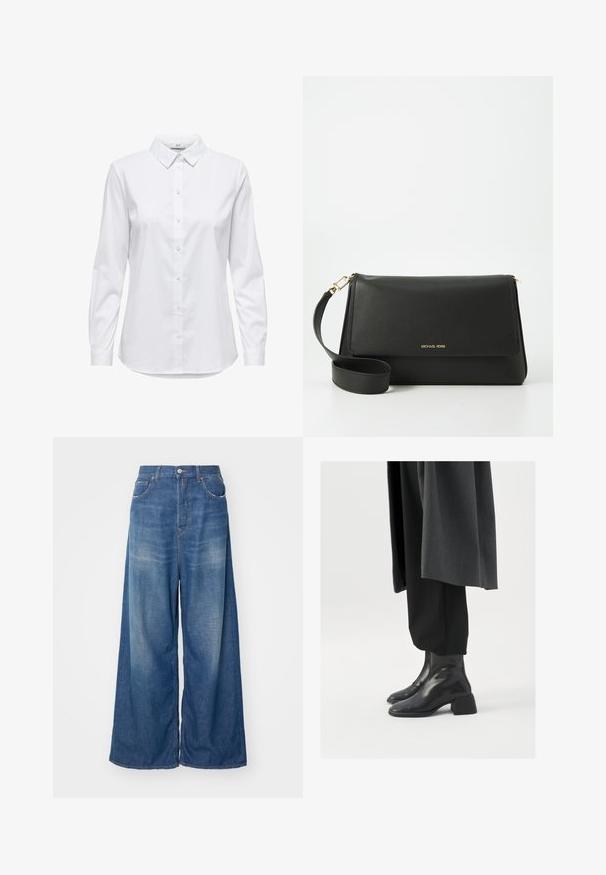 Bijela košulja s dugim rukavima, strukturiranim ovratnikom i zaobljenim rubom. Napravljena od glatkog, čvrstog materijala bez vidljivih uzoraka ili akcenta.; Široke plave traperice s visokim strukom, koje imaju prednje džepove, kopčanje na gumb i detalje izbljeđivanja za istrošen izgled.; Crne kožne gležnjače sa četvrtastim vrhom i debelim potplatom, nošene uz labave crne hlače i tamnosivi kaput. Glatka površinska tekstura.; Crna kožna torba s preklopom, zlatnim dodacima i odvojivim remenom. Glatka tekstura i minimalistički dizajn.