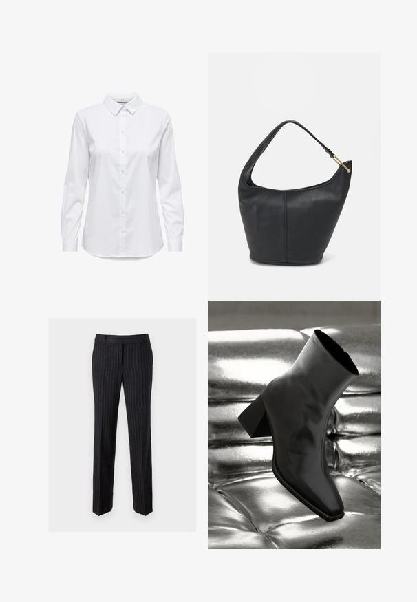 Hvid skjorte med knaplukning, lange ærmer, struktureret krave og rundet kant. Fremstillet af et glat, ensfarvet stof uden synlige mønstre eller detaljer.; Sort stribede bukser lavet af tekstureret stof. Har flad front, bæltestropper og lige ben. Ingen synlig hardware eller accenter.; Sorte ankelstøvler lavet af glossy materiale med firkantet tå og spidse hæle, sat mod en skinnende sølv tuftet baggrund.; Sort læderhandtaske med en rund form, bred rem og textured finish. Har en subtil sømdetalje og en hardware i gyldent tone.