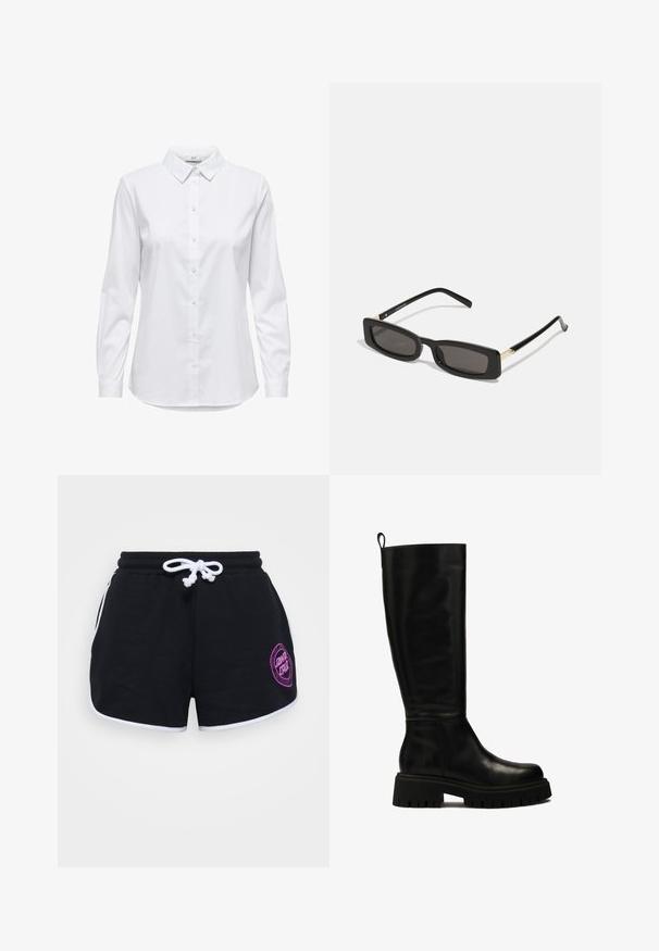 Fehér, hosszú ujjú, gombos ing, strukturált gallérral és lekerekített aljjal. Zökkenőmentes, egyszínű anyagból készült, látható minták vagy díszítések nélkül.; Fekete, pamutból készült rövidnadrág, fehér húzózsinórral, fehér díszítéssel és egy lila kör alakú logóval a jobb elülső oldalon.; Fekete, térd fölé érő bőr csizmák, minden részletükben sima vonalvezetésűek, lekerekített orral és masszív gumitalppal, mély barázdákkal, valamint húzófüllel a tetején.; Fekete téglalap alakú napszemüveg sötét lencsékkel, fényes műanyag kerettel, arany díszítéssel az temples. Minimalista design és elegáns forma.