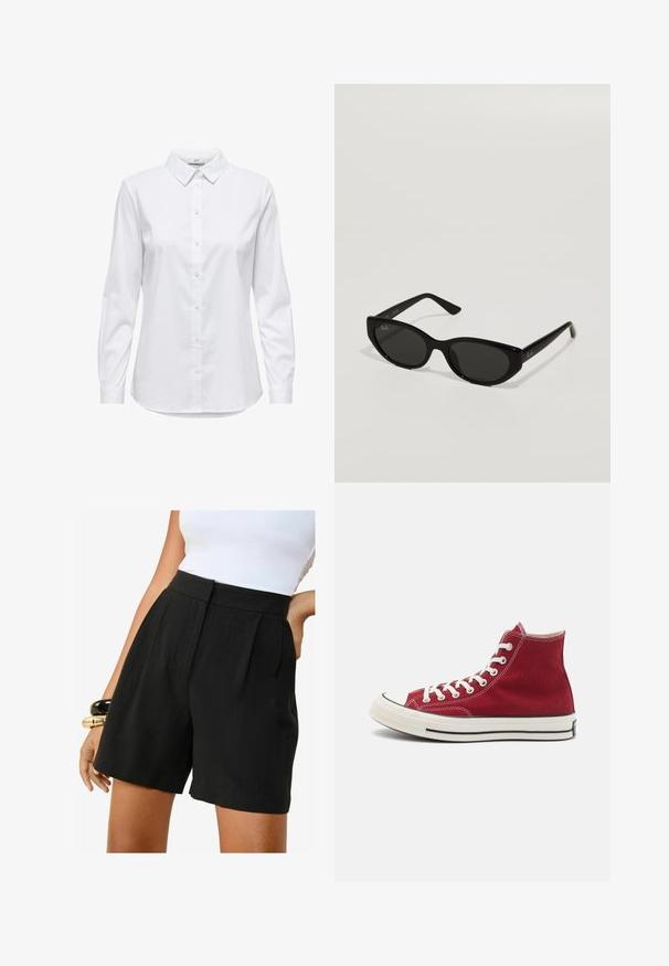 White button-up shirt with long sleeves, structured collar, and rounded hem. Made from a smooth, solid fabric with no visible patterns or accents.; Friends Like These REGULAR FIT - TAILORED ELASTIC BACK - Shorts - black; Red canvas high-top sneakers with white laces, rubber toe cap, and black stripe detail along the sole. Classic design and textured finish.; Black sunglasses with a narrow, cat-eye shape. Made of smooth plastic, featuring dark lenses and subtle logo accents on the temples.; Burgundy handbag made of synthetic material with a structured design, featuring a detachable strap and a floral-patterned scarf tied to the handle.