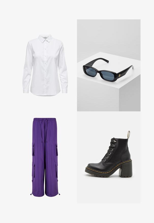 Witte overhemd met lange mouwen, gestructureerde kraag en afgeronde zoom. Gemaakt van een gladde, effen stof zonder zichtbare patronen of accenten.; Paarse cargobroek met een elastische tailleband, voorzien van twee zijzakken en twee cargozakken. Gemaakt van lichte stof met een gladde textuur.; Zwarte leren enkelboot met een dikke hoge hak, vetersluiting aan de voorkant, metalen oogjes en gele stiksels langs de zool. Getextureerde rubberen zool.; Zwarte rechthoekige zonnebril met getinte blauwe lenzen, dikke monturen en een gouden circulaire accent aan de zijkant. Slanke, glanzende afwerking.; Bordeaux handtas van synthetisch materiaal met een gestructureerd ontwerp, voorzien van een afneembare schouderband en een met bloemenpatroon versierde sjaal die aan het handvat is geknoopt.