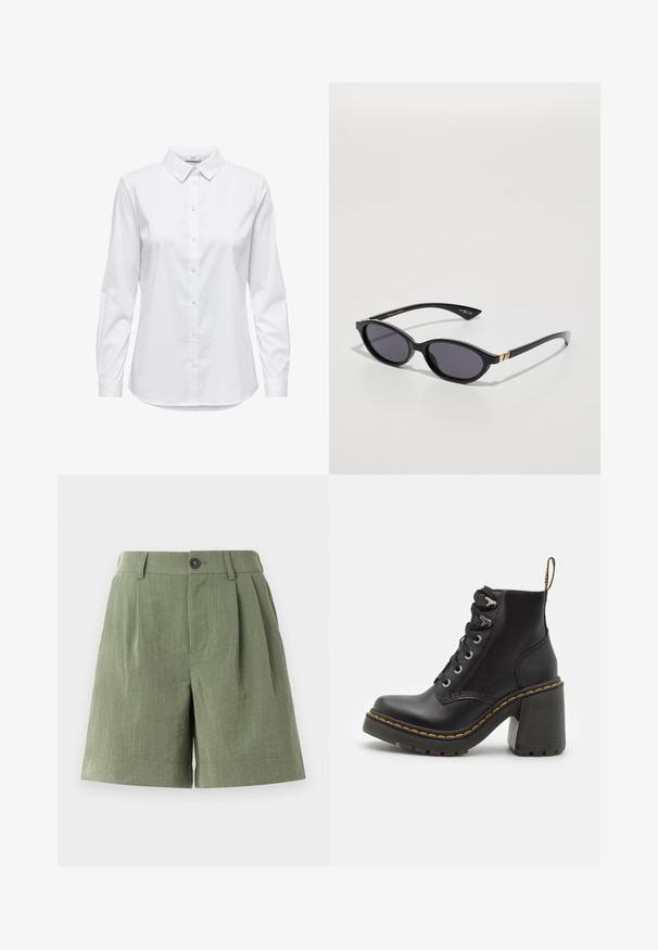Witte overhemd met lange mouwen, gestructureerde kraag en afgeronde zoom. Gemaakt van een gladde, effen stof zonder zichtbare patronen of accenten.; Groene geplooide shorts gemaakt van gestructureerde stof. Kenmerkt zich door een knoopsluiting en rechte zoom, met een op maat gemaakte snit.; Zwarte leren enkelboot met een dikke hoge hak, vetersluiting aan de voorkant, metalen oogjes en gele stiksels langs de zool. Getextureerde rubberen zool.; Zwarte zonnebril met ovale glazen, donkere verloop-tint en slanke pootjes met subtiele gouden accenten. Glad plastic afwerking.; Zwarte chokerketting gemaakt van dun koord, met een strikdetail en gouden metalen uiteinden. Eenvoudig, verstelbaar ontwerp.