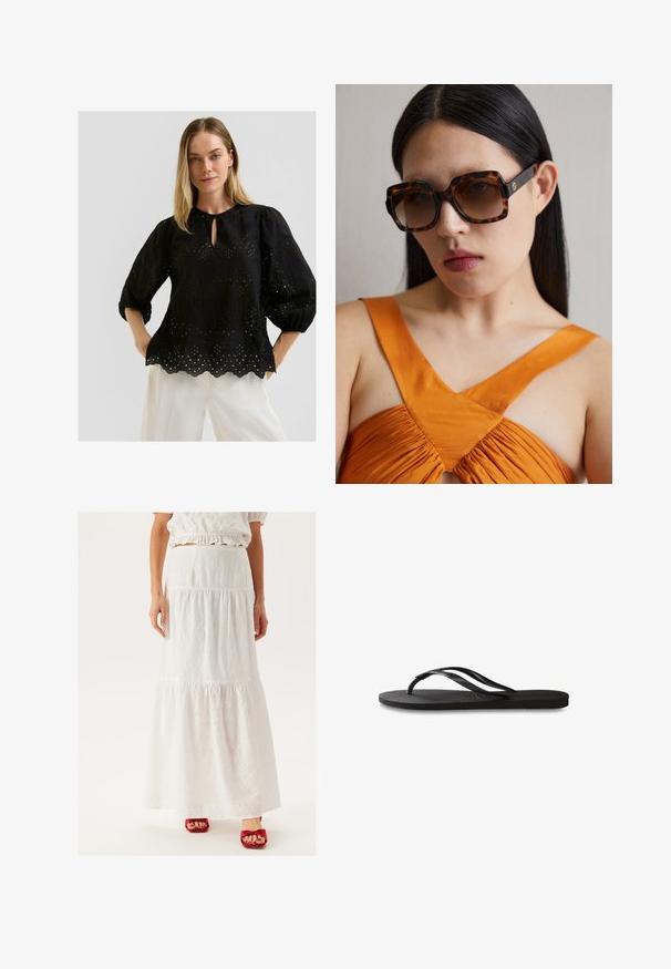 Blouse noire brodée avec un col rond et un détail en forme de trou de serrure. Dotée de manches bouffantes et d'un ourlet en dentelle avec des motifs découpés.; Jupe maxi blanche à plusieurs niveaux en coton brodé, ornée de motifs floraux découpés. Complétée par des sandales à talons rouges.; Tongs noires avec une semelle en caoutchouc texturée, deux fines lanières et un détail de logo embossé subtil sur la lanière.; Lunettes de soleil oversized en écaille brune avec une large monture rectangulaire et des verres dégradés. Détail du logo doré sur le côté.