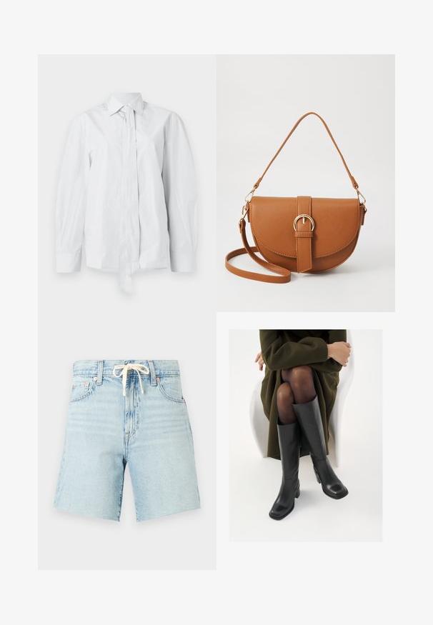 Chemise blanche à manches longues avec un col classique et un nœud devant allongé. Fabriquée en tissu lisse, elle présente une coupe décontractée et sans motifs.; Shorts en denim bleu clair avec taille à cordon, ourlet légèrement effiloché et cinq poches. Présente une texture décolorée et des accents de rivets en cuivre.; Bottes en cuir noires arrivant au genou, avec un bout carré et un talon carré, présentées sur un modèle assis dans un manteau vert olive. Texture lisse, détails minimaux.; Sac bandoulière en cuir marron avec une forme incurvée, quincaillerie dorée et un accent en boucle. Comprend une bandoulière détachable.