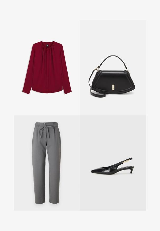 Bordo bluzica s dugim rukavima, okruglim izrezom, naboranim prednjim dijelom i zatvaranjem na dugmad. Izrađena od glatkog materijala s opuštenim siluetom.; Sivi taperisani hlače od glatkog materijala, s dugmetom na zatvaranju i remenom vezanim u struku. Nema vidljivih džepova.; Crne kožne sandale s petom, s izduženim vrhom, imaju usku petu i zlatni akcent na podesivoj traci. Glatka tekstura.; Crna kožna torba s strukturiranim dizajnom, s krojenim oblikom, gornjom drškom i zlatnim detaljima. Uključena je podesiva ramena traka.