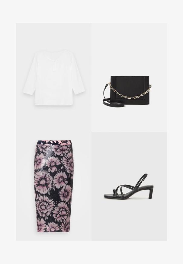 Bílý top s tříčtvrtečními rukávy, volného střihu, zaobleným výstřihem a malým klíčovým otvorem v přední části. Hladká textura, žádné vzory.; Květinová tužková sukně s černým podkladem, zdobená růžovými a bílými květinovými vzory. Vyrobena z Flitrové tkaniny, která zdůrazňuje texturu a design.; Černé sandály na tenkém podpatku se čtveratou špičkou a nízkým blokovým podpatkem. Mají několik tenkých popruhů a nastavitelné zapínání okolo kotníku. Vyrobeny z hladké kůže.; Černá kožená crossbody taška s hladkým povrchem, obdélníkovým tvarem a kovovým řetízkem na přední straně. Součástí je nastavitelný popruh.
