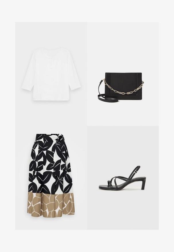 Hvit, trekvartlang erm, løstsittende topp med rund halslinning og en liten nøkkelhullåpning foran. Glatt tekstur, ingen mønstre.; Persona by Marina Rinaldi ZENITH - Maxiskjørt - verde kaki; Sorte sandaler med stropper, firkantet tå og lav blokk hæl. Har flere tynne stropper og en justerbar ankelstropp. Laget av glatt lær.; Svart lær crossbody-veske med glatt tekstur, rektangulær form og metallkjede detaljer på framsiden. Justerbar stroppe inkludert.