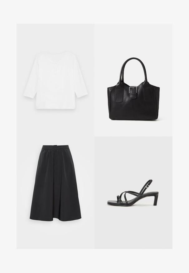 Balts, trīs ceturtdaļas piedurkņu, brīva piegriezuma tops ar noapaļotu kakla izgriezumu un nelielu atslēgas caurumu priekšpusē. Gluda tekstūra, bez rakstiem.; Melnā midi svārki, izgatavoti no gludas auduma, ar savelkamā vidukļa daļu un smalkiem krokām, veidojot plūstošu siluetu.; Melnas strappy sandales ar kvadrātveida purngaliem un zemu bloku papēdi. Ievērojamas ar vairākiem plāniem siksniņām un regulējamu potītes siksniņu. Izgatavotas no gludas ādas.; Melnas ādas somiņa ar gludu tekstūru, strukturētu formu, divām rokturām un izteiktu sudraba sprādzi priekšpusē.