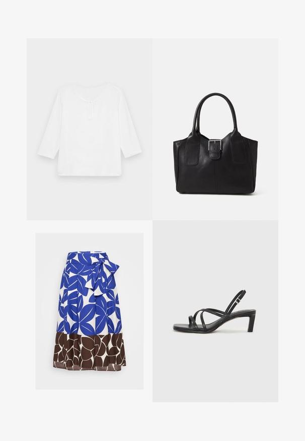 Top alb, cu mâneci trei sferturi, lejer, cu guler rotund și o mică deschidere în formă de cheie în față. Textură netedă, fără modele.; Fustă albastră și albă cu un model îndrăzneț de frunze, cu un talie legată și o margine inferioară florală maro. Fabricată dintr-un material ușor.; Sandal cu barete negre, cu vârf pătrat și toc mic de bloc. Prezintă mai multe barete subțiri și o bareta ajustabilă la gleznă. Fabricat din piele netedă.; Geantă tote din piele neagră cu textură netedă, formă structurată, două mânere și un detaliu proeminent din aliaj de argint pe partea din față.