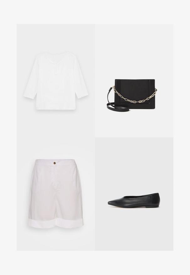 Valkoinen, kolme neljästä hihoista kookas paita, jossa on pyöreä pääntie ja pieni avaus edessä. Sujuva pinta, ei kuvioita.; Valkoiset puuvilla-shortsit, joissa on napin kiinnitys, sivutaskut ja taitetut lahkeiden reunat. Suora pinta ja muotoiltu istuvuus.; Musta nahkainen ballerinatyyppinen kenkä, terävä kärki, minimalinen muotoilu, sileä pinta, matala korko, ei näkyvää metalliosaa tai koristeita.; Musta nahkainen olkalaukku, jossa on sileä pinta, suorakulmainen muoto ja metalliketju yksityiskohtana edessä. Mukana säädettävä hihna.