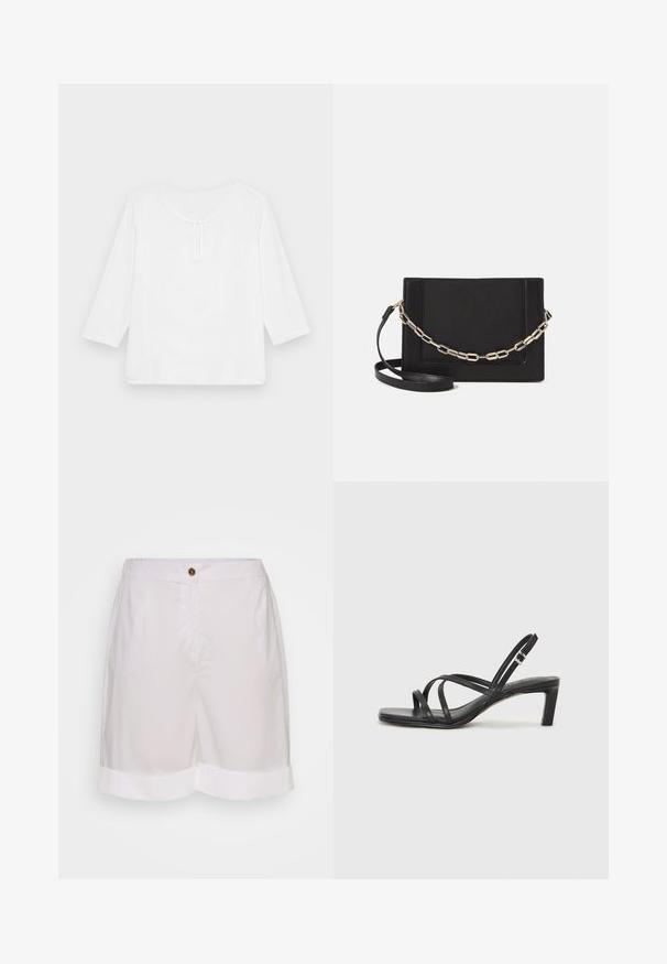 Balts, trīs ceturtdaļas piedurkņu, brīva piegriezuma tops ar noapaļotu kakla izgriezumu un nelielu atslēgas caurumu priekšpusē. Gluda tekstūra, bez rakstiem.; Baltas kokvilnas šorts ar pogu aizdari, ar sānu kabatām un saliektām aprocēm. Gluda tekstūra un piegriezts slēgums.; Melnas strappy sandales ar kvadrātveida purngaliem un zemu bloku papēdi. Ievērojamas ar vairākiem plāniem siksniņām un regulējamu potītes siksniņu. Izgatavotas no gludas ādas.; Melna ādas crossbody soma ar gludu faktūru, taisnstūrveida formu un metalizētu ķēdes detaļu priekšā. Iekļauta regulējama siksna.