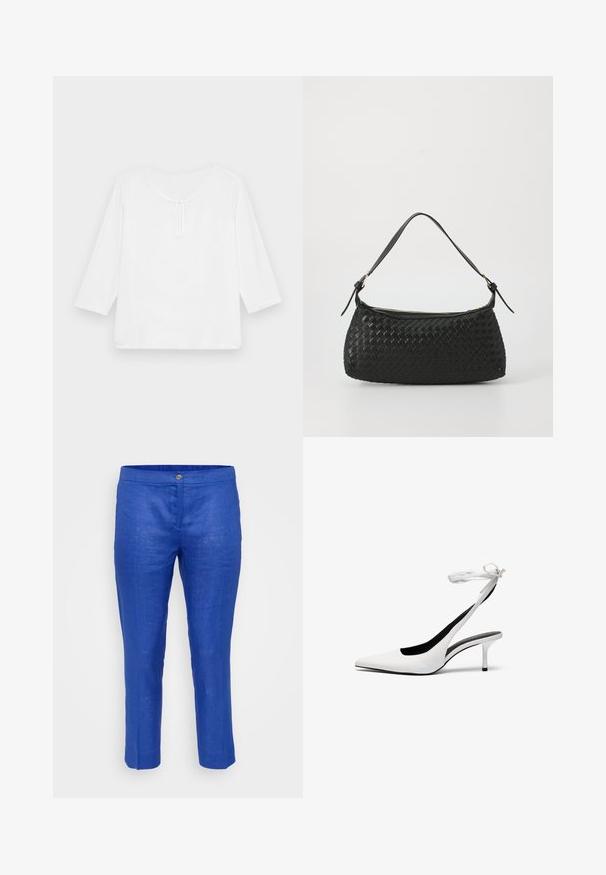 Fehér, háromnegyedes ujjal, laza fazonú felső, kerek nyakkivágással és kis kulcslyuknyílással elöl. Simább textúra, minta nélkül.; Férfi cropped nadrág élénk kék lenből, gombos záródással, sima textúrával és egyenes siluettel, finom gyűrődéssel.; Fehér, hegyes orrú, hátsó pánttal ellátott magassarkú cipők vékony boka pánttal. Finom bőrből készült, vékony tűsarkú, és fekete belső béléssel rendelkezik.; Fekete szőtt válltáska sima bőrszíjjal és cipzáros záródással. Texturált felülete és ívelt formája van.