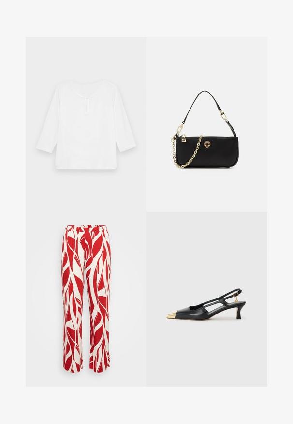Λευκή μπλούζα με τρεις τέταρτα μανίκια, φαρδιά εφαρμογή, στρογγυλή λαιμόκοψη και μικρή ανοιχτή τρύπα μπροστά. Λείο ύφασμα, χωρίς σχέδια.; Κόκκινες και λευκές παντελόνες με σχέδιο φύλλου, που διαθέτουν φαρδύ πόδι, ελαστική μέση και ελαφρύ ύφασμα.; Μαύρο δερμάτινο παπούτσι slingback με μυτερή μύτη και χρυσό μεταλλικό καπάκι. Διαθέτει σχέδιο κοπής και λεπτό τακούνι με ρυθμιζόμενο λουράκι.; Μαύρη τσάντα χειρός με λεία υφή, διαθέτει χρυσή αλυσίδα για λουρί, κλείσιμο με φερμουάρ και διακοσμητικό χρυσό έμβλημα στο μπροστινό μέρος.