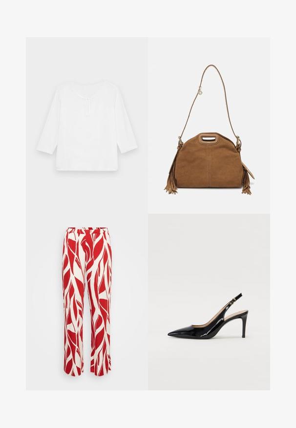 Fehér, háromnegyedes ujjal, laza fazonú felső, kerek nyakkivágással és kis kulcslyuknyílással elöl. Simább textúra, minta nélkül.; Piros és fehér mintás nadrág, levelek mintájával, széles lábakkal, rugalmas derékpánttal és könnyű anyagból készült.; Fekete lakk bőr kötött magassarkú cipő, hegyes orral és karcsú sarokkal, finom kivágásos dizájnnal. Az övön arany csatt található.; Maje Keresztpántos táska - camel