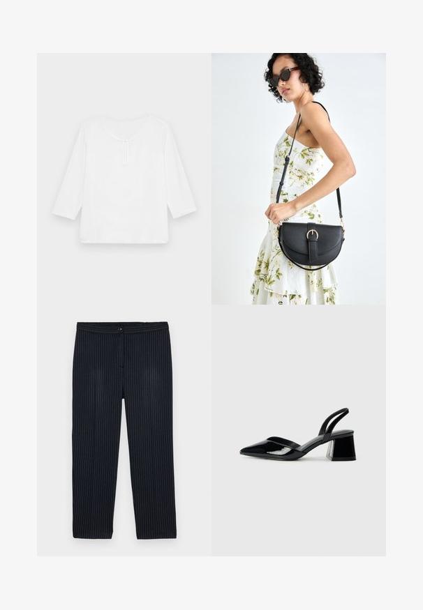 Fehér, háromnegyedes ujjal, laza fazonú felső, kerek nyakkivágással és kis kulcslyuknyílással elöl. Simább textúra, minta nélkül.; Tengerészkék csíkos nadrág, függőleges fehér csíkos anyagból készült. Gombos záródással és egyenes lábbal rendelkezik.; Fekete lakk bőr szandálkés magas sarkú cipő, hegyes orral és geometrikus tömbsarkakkal. Karcsú, minimalista dizájn és sima textúra jellemzi.; Fekete bőrtáska ívelt formával, levehető pánttal és arany színű fémrészekkel. A táskán egy csattal díszített fedél található.