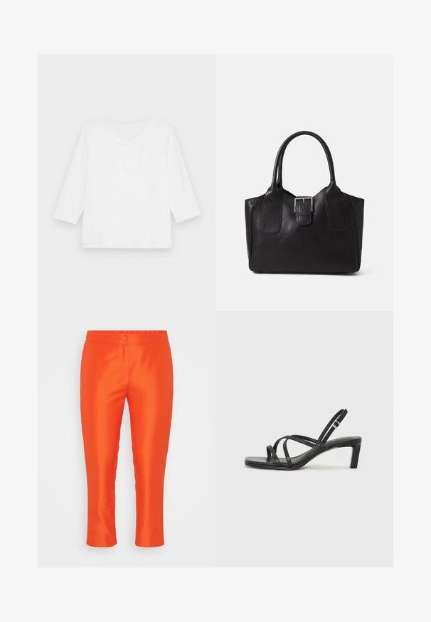 Λευκή μπλούζα με τρεις τέταρτα μανίκια, φαρδιά εφαρμογή, στρογγυλή λαιμόκοψη και μικρή ανοιχτή τρύπα μπροστά. Λείο ύφασμα, χωρίς σχέδια.; Φωτεινές πορτοκαλί, στενές παντελόνες με ελαστική μέση, κλείσιμο με ένα κουμπί και λείο υλικό. Χωρίς ορατές τσέπες.; Μαύρη σανδάλι με λουράκια και τετράγωνη μύτη, καθώς και χαμηλό μπλοκ τακούνι. Διαθέτει πολλαπλά λεπτά λουράκια και ρυθμιζόμενο λουράκι στον αστράγαλο. Κατασκευασμένο από λείο δέρμα.; Μαύρη δερμάτινη τσάντα tote με λείο υφή, δομημένο σχήμα, δύο λαβές και επιφανές ασημένιο κούμπωμα μπροστά.