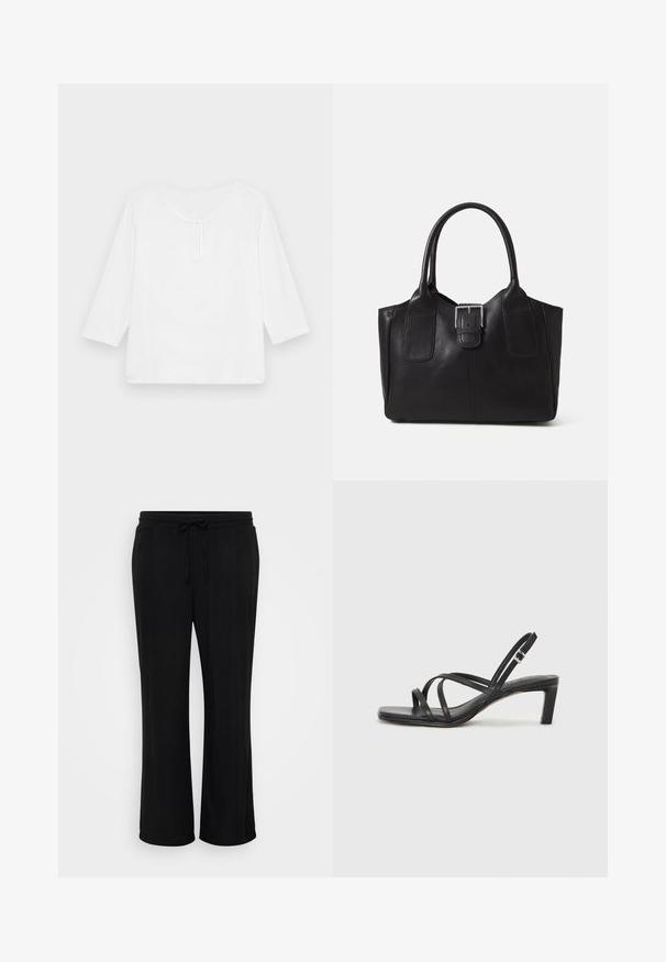 White, three-quarter sleeve, loose-fitting top with a rounded neckline and a small keyhole opening at the front. Smooth texture, no patterns.; Black relaxed-fit trousers made of soft fabric, featuring an elastic waistband with a drawstring and wide legs. No visible patterns.; Black strappy sandal with a square toe and a low block heel. Features multiple thin straps and an adjustable ankle strap. Made of smooth leather.; Black leather tote bag with smooth texture, structured shape, two handles, and a prominent silver buckle detail on the front.; Silver double-band ring with a smooth, polished surface. Features a fluid, curved design with overlapping sections for a modern look.