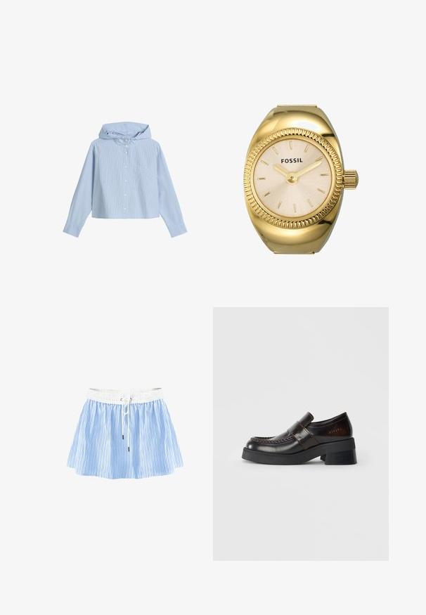 Chemise courte avec capuche, présentant des rayures verticales bleu clair et blanches, une poche poitrine et des manches longues avec des poignets boutonnés.; Jupe rayée bleu et blanc avec taille smockée, présentant une fermeture à cordon et une forme évasée pour un ajustement confortable et une liberté de mouvement.; Mocassins en cuir marron avec un large talon noir, présentant un design cousu et une sangle traversant le dessus pour un détail supplémentaire.; Montre Fossil dorée avec un cadran texturé blanc cassé, de fins marqueurs d'heure et une couronne. Présente un boîtier arrondi avec une lunette striée.