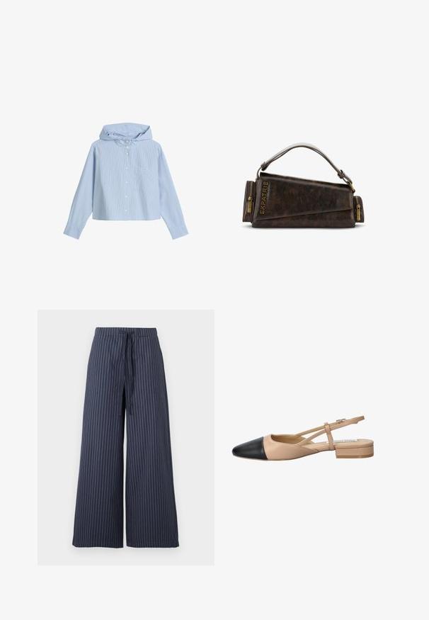 Chemise courte avec capuche, présentant des rayures verticales bleu clair et blanches, une poche poitrine et des manches longues avec des poignets boutonnés.; Pantalons à jambes larges en bleu marine avec des rayures verticales blanches. Fabriqués dans un tissu léger, avec une taille à cordon et une texture lisse.; Chaussure à bride arrière bicolore beige et noire avec un bout pointu, un talon plat et un détail de sangle croisée. Texture en cuir lisse.; Sac à main en cuir marron avec un design géométrique, doté d'une poignée supérieure et de détails en laiton sur la fermeture éclair. Logo embossé sur le côté.
