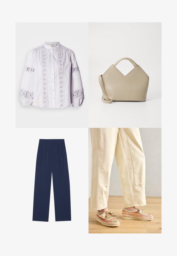 Balta blūze ar augstu apkakli, pogu aizdari un pūkainām piedurknēm. Iezīmējas sarežģītiem mežģīņu paneļiem ar apļveida rakstiem pa priekšpusi un piedurkņu malām.; Tumši zili platleņķa bikses, kas izgatavotas no mīksta auduma, ar priekšējo krokām, gludu tekstūru un taisnu piegriezumu bez redzamām kabatām.; Multikoloru austie apavi ar bēču pamatni, noapaļota purngalu un aukliņu dizainu. Strukturēta auduma virsma ar rakstu un brūniem akcentiem.; Beidzis struktūrēts rokassomu ar V formas augšdaļu, no gludas ādas materiāla, īsām rokturiem un garu regulējamu siksnu. Minimalistisks dizains.