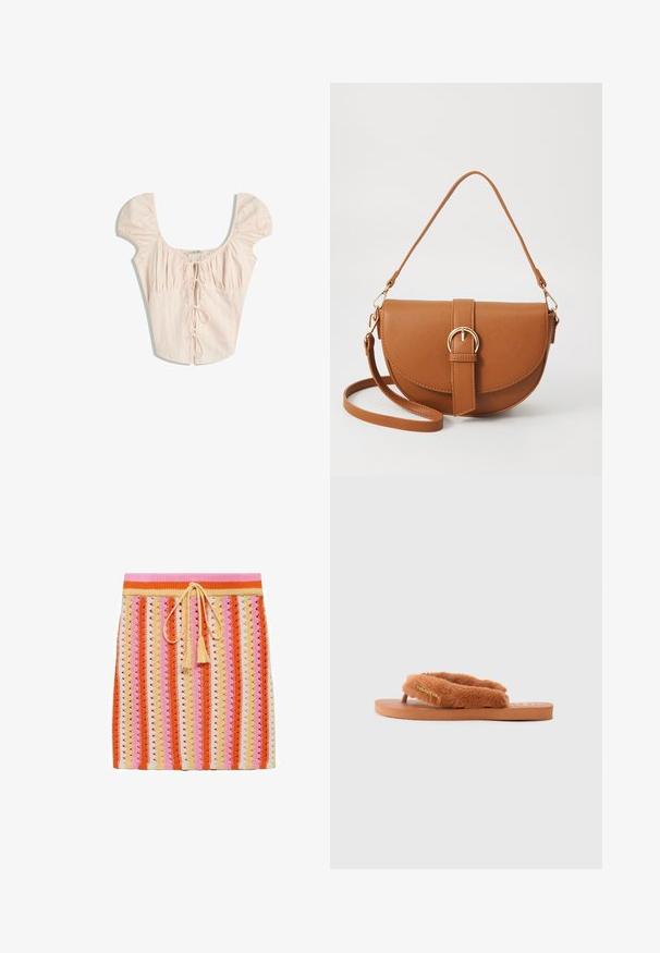 Lichtroze blouse met opstaande mouwen, een vierkante hals en verticale plooien. Heeft een gestrikte sluiting aan de voorkant met bijpassende stoffen strikken.; Gebreide rok met gestreepte patronen in oranje, roze, crème en geel, voorzien van een tailleband met trekkoord en decoratieve franjes.; Bruine fluffy teenslipper met brede banden en een gestructureerde voetbed. Beschikt over een gouden logo-accent. De zool is plat en gemaakt van rubber.; Bruine leren schoudertas met een gebogen vorm, gouden hardware en een gespaccent. Bevat een afneembare schouderriem.