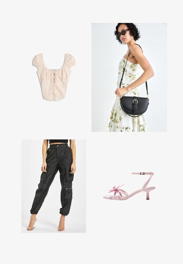 Lichtroze blouse met opstaande mouwen, een vierkante hals en verticale plooien. Heeft een gestrikte sluiting aan de voorkant met bijpassende stoffen strikken.; Zwarte cargo broeken van lichtgewicht stof hebben meerdere zakken, elastische boorden en een ritszak aan de zijkant voor extra functionaliteit.; Roze gepatineerde leren sandalen met hakken en een bloemaccent op de teen, met een verstelbare enkelband en een slanke, korte hak.; Zwarte leren handtas met een gebogen vorm, afneembare schouderband en gouden hardware. De tas heeft een klep met een gespsluiting.