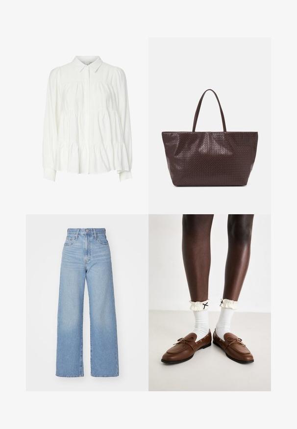 Valge nööpidega blousee, millel on krae, pikad puff-sleevid ja kihiline ripskoes äär. Valmistatud pehmest, kerge kaaluga kangast, millel on sile tekstuur.; Heledad sinine kõrge vöökohaga laiad teksad, ees nupp ja tõmblukk, ees ja taga taskud, valge tausta peal.; Pruunid nahast loaferid ümarate varvaste ja seotud paeltega, koos valgete soonikute sokkidega ja rümpade kreemivärviliste mansettidega, millel on mustad aktsendid.; Pruun punutud nahast kott kahe käepideme ja struktureeritud kuju ning tekstureeritud pinnaga, millel on kogu ulatuses rombikujuline muster.