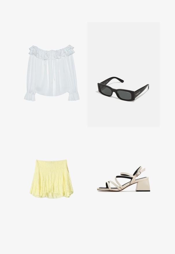 Valkoinen olkapäiden paljastava paita, joka on valmistettu sileästä kankaasta. Paidassa on röyhelökaulus, nyöritettävä etuosa ja elastiset hihansuut.; Keltainen levenevä hame, joka on valmistettu teksturoidusta kankaasta ja jossa on kerroksellinen muotoilu, hieman epätasainen helma. Kevyt ja ilmava ilme.; Kerman nahkahihna saappaat, joissa on lohkokanta ja vaaleanruskea väri. Ominaisuuksiin kuuluu ohuet hihnat ja musta pohja, sekä säädettävä nilkkaklipsi.; Mustat suorakulmaiset aurinkolasit tummilla linsseillä. Vaatteet ovat sileää muovikehystä ja "vogue"-brändäystä temppeleissä.; Michael Kors kääröbeige pinnoitettua kangasta, jossa on toistuva MK-logo -kuvio, kultaiset yksityiskohdat ja irrotettava ketjuhihna.