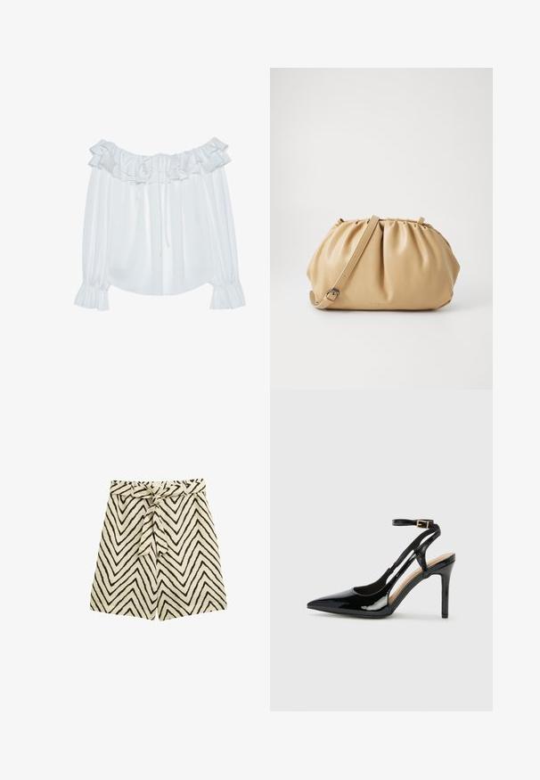 Valkoinen olkapäiden paljastava paita, joka on valmistettu sileästä kankaasta. Paidassa on röyhelökaulus, nyöritettävä etuosa ja elastiset hihansuut.; Kevyt beige kangas, jossa on mustia sahalaitakuviota. Vyötäröllä on solmittava vyö ja rento leikkaus.; Mustat lakatut korkokengät, joissa on avonaiset sivut, säätömahdollisuus nilkkahihnassa ja teräväkärkinen muoto. Suora pinta.; Käsintehty ruskea nahkakäsilaukku, jossa on poimutettu muotoilu, säädettävä olkahihna ja pyöreä muoto. Minimalistinen brändäys etupinnalla.