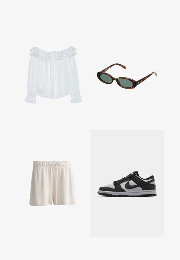 Hvid off-shoulder bluse lavet af glat stof, med flæset halsudskæring, snøring foran og elastiske mansjetter.; Cremefarvede shorts lavet af blødt materiale, med elastisk talje og snøre samt en enkel nederdelsdesign.; Sorte og grå Nike Dunk low-top sneakers med perforeret tå, glatte læderdetaljer og gummisål med struktureret mønster.; Skildpaddemønstrede solbriller med ovale stel og grønne linser. Har tynde arme med en metallisk detalje nær hængslerne.; Sort syntetisk skuldertaske med en buet silhuet, tekstureret overflade, gyldent trekantet logo og aftagelige hardware-detaljer.