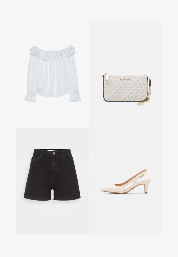 Fehér, vállra nyúló blúz sima anyagból, fodros nyakkivágással, zsinóros elülső résszel és rugalmas, mandzsettás ujjal.; Fekete farmer rövidnadrág magas derékkal, öt zsebbel és elülső gombos záródással. Tiszta, díszítés nélküli kialakítás jellemzi.; Fehér slingback sarok, hegyes orral, sima felső anyaggal, alacsony blokk sarkával és oldalsó kivágott dizájnnal, állítható csatpánttal.; Michael Kors bézs bevonatos vászon karkötő, amely ismétlődő MK logó mintával, aranyszínű fémrészletekkel és levehető lánchordóval rendelkezik.