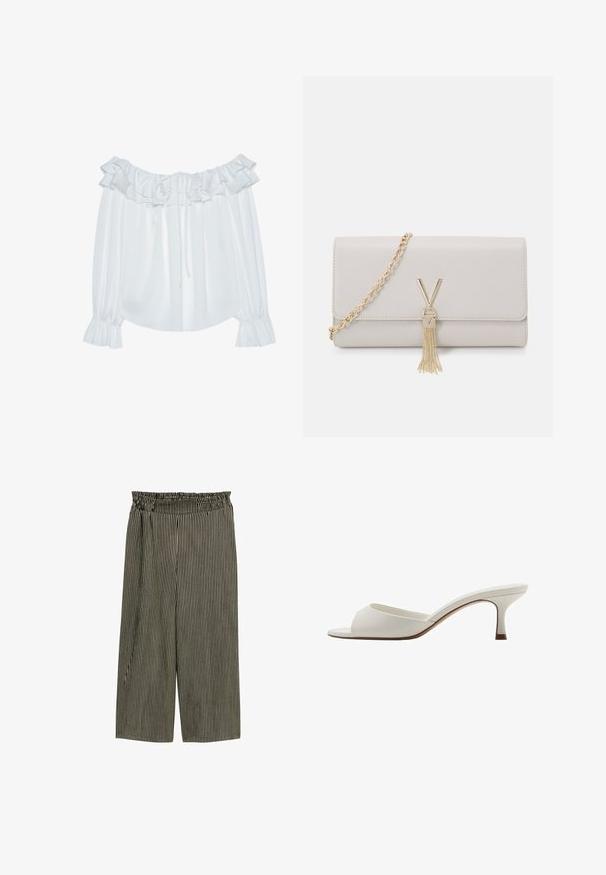 Bijela bluzica bez ramena izrađena od glatke tkanine, s volanastim izrezom, prednjim vezanjem i rukavima sa elastičnim rubovima.; Prugasti hlače s elastičnom trakicom u crnoj i krem boji. Dizajn širokih nogavica i do polovice telasa s glatkom teksturom.; Bijele otvorene sandale s visokom petom, glatke površine, minimalističkog dizajna i uske pete, sa suptilnim smeškastim naglaskom na đonu.; Svijetlo siva lažna kožna torba s zlatnim lanca, koja ima V-oblikovani kopču i detalj s resicama. Glatka tekstura, pravokutni oblik.