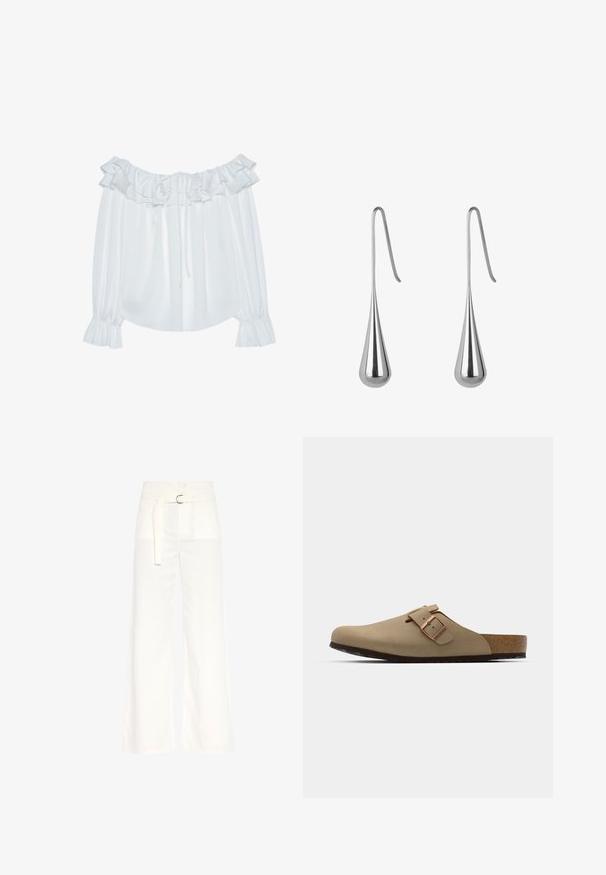 Hvid off-shoulder bluse lavet af glat stof, med flæset halsudskæring, snøring foran og elastiske mansjetter.; Hvide, vide bukser lavet af bomuld. Har høj talje, et bælte med en sølvspænde og to forlommer med en glat tekstur.; Beige klipklapper med rund tå, justerbar spænde og korksål. Tekstureret overflade med en sort gummisål for godt greb.; Sølv dråbeøreringe med en poleret overflade og forlænget form, der har en krog for sikker påsætning. Teksturen er glat og reflekterende.