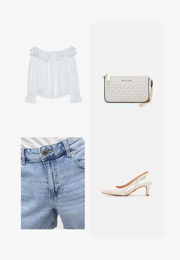 Balta nuo peties nusiimama bliuska, pagaminta iš lygios medžiagos, su raukšlėta iškirpte, virvute reguliuojamu priekiu ir elastingomis rankovėmis.; Šviesiai mėlynos džinsinės šortai su aukštu liemeniu, matoma siuvimo siūlė, dvi priekinės kišenės ir metalinė sagtis. Lygus paviršius.; Balti slingback kulniukai su smailiu pirštu, lygia viršutine medžiaga, žemu blokuotu kulnu ir šoniniu išpjovimu su reguliuojamu sagtimi.; Michael Kors rankinė smėlio spalvos dengto kanvoje su pakartotiniu MK logotipo raštu, auksinėmis detalėmis ir nuimamu grandininiu dirželiu.