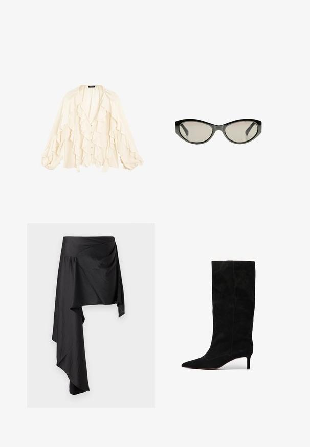 Massimo Dutti FLOWING GARMENT WITH RUFFLES - Camicia - beige; Gonna avvolgente nera realizzata in tessuto liscio e leggero. Presenta un orlo asimmetrico e dettagli arricciati in vita per una silhouette fluida.; Stivale alto in suede nero con punta affusolata e tacco a stiletto sottile. Presenta cuciture minime e una superficie liscia in tutto il suo corpo.; Occhiali da sole neri a forma di occhio di gatto con lenti grigie. La montatura in plastica presenta bordi affilati e una finitura liscia e lucida.