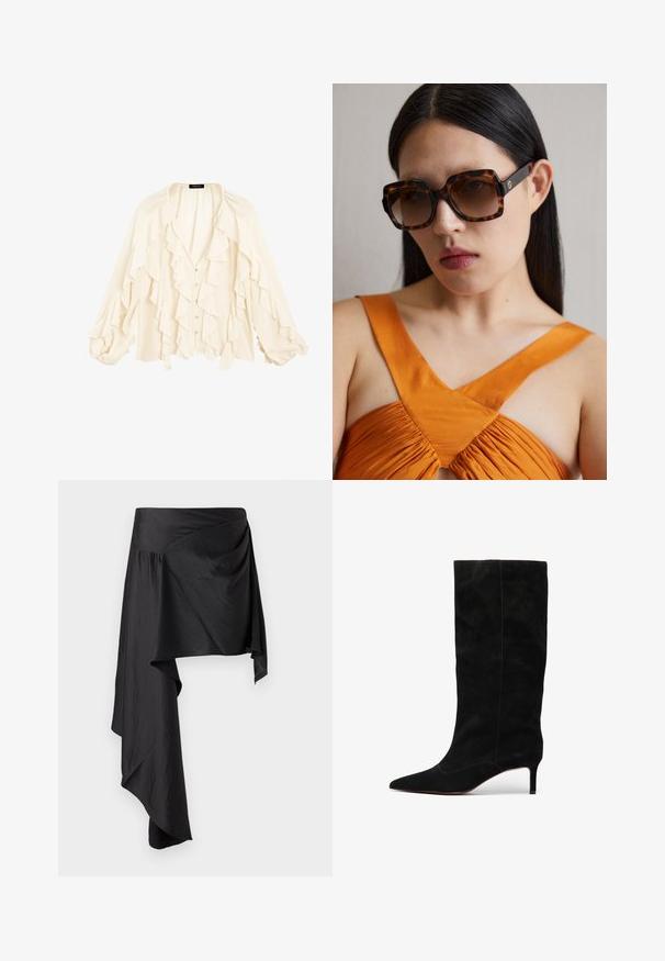 Massimo Dutti FLOWING GARMENT WITH RUFFLES - Button-down blouse - beige; Black wrap skirt made of smooth, lightweight fabric. Features an asymmetrical hemline and gathered detailing at the waist for a flowing silhouette.; Black suede knee-high boot with a pointed toe and slim, stiletto heel. Features minimal seams and a smooth texture throughout.; Brown tortoiseshell oversized sunglasses with a wide rectangular frame and gradient lenses. Gold logo detail on the side.