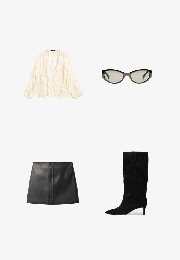 Massimo Dutti FLOWING GARMENT WITH RUFFLES - Košilová halenka - beige; Černá kožená sukně s hladkou texturou, přiléhavým střihem a minimalistickou siluetou. Obsahuje centrální šev a nenápadný boční zip.; Černé semišové vysoké boty po kolena s špičatou špičkou a úzkým jehlovým podpatkem. Charakterizují je minimální švy a hladká textura po celém povrchu.; Černé sluneční brýle ve stylu "kočičí oči" se šedými zabarvenými skly. Plastový rám má ostré hrany a hladký, lesklý povrch.