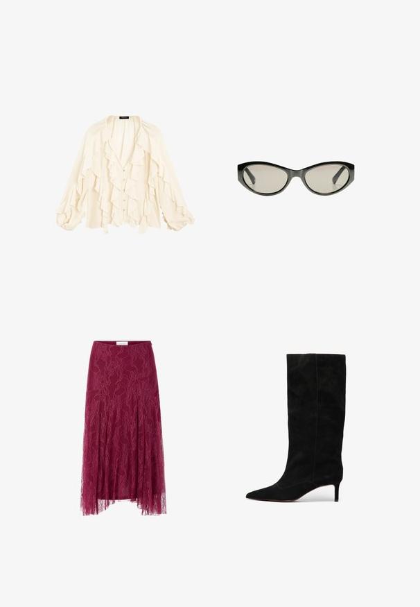 Massimo Dutti FLOWING GARMENT WITH RUFFLES - Skjortebluser - beige; Bordeaux blondekjole med blomstermønster, gennemsigtig stofoverlæg og plisseret design. Har en tætsiddende talje og en svajende silhuet.; Sorte suede knæhøje støvler med spids tå og slank stilettohæl. Har minimale sømme og en glat overflade.; Sorte cat-eye solbriller med gråtonede linser. Plastikrammen har skarpe kanter og en glat, blank finish.