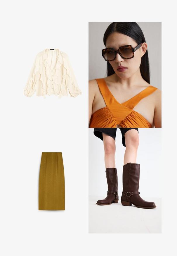 Massimo Dutti FLOWING GARMENT WITH RUFFLES - Chemisier - beige; Jupe crayon jaune moutarde arrivant au genou, avec une texture lisse, présentant une silhouette droite et de subtils plis à l'avant.; Bottes en cuir marron jusqu'au genou avec un bout arrondi, une surface texturée, une sangle au niveau de la cheville et des détails en métal argenté ; talon empilé.; Lunettes de soleil oversized en écaille brune avec une large monture rectangulaire et des verres dégradés. Détail du logo doré sur le côté.; Sac fourre-tout en suède marron présentant un design triangulaire, de longues poignées pour l'épaule et un grand dessus ouvert avec un détail de poignée découpé.
